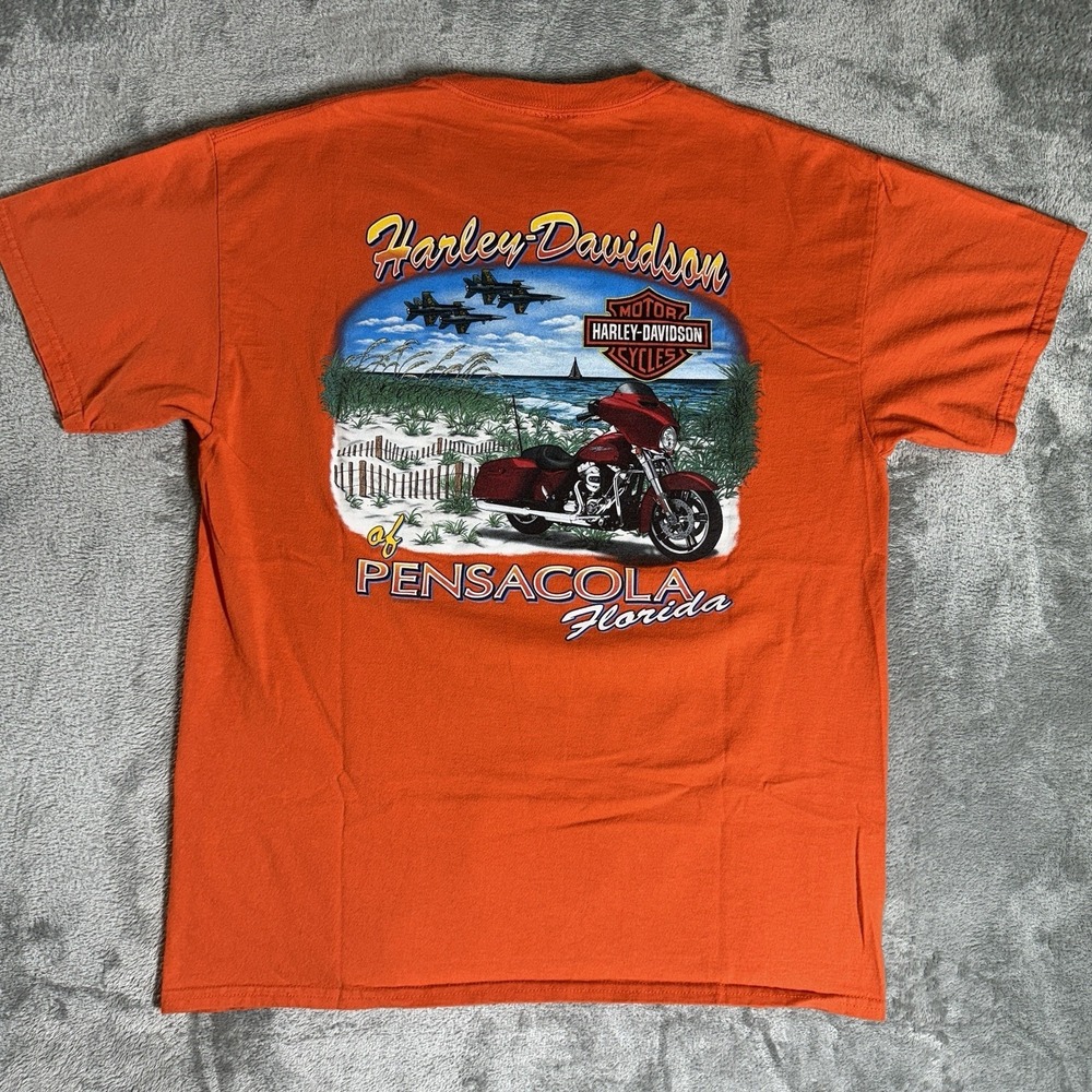Harley Davidson Pocket Tee Pensacola FL Mens Large Orange Graphic T-Shirt Biker